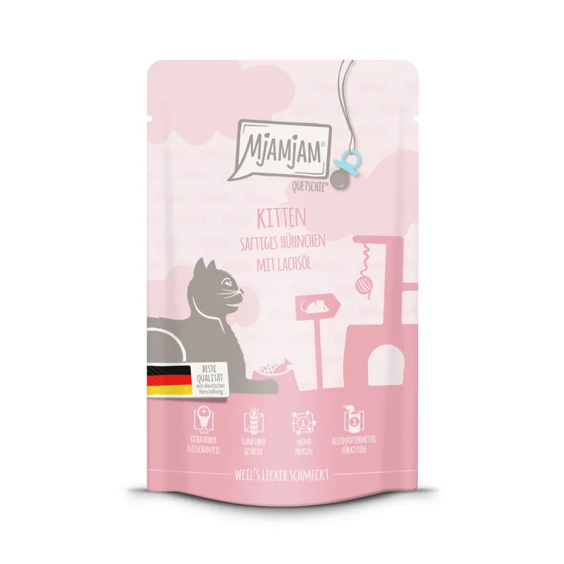 Nur Für Kurze Zeit MJAMJAM Quetschies Kitten Huhn/Lachsöl 125 g